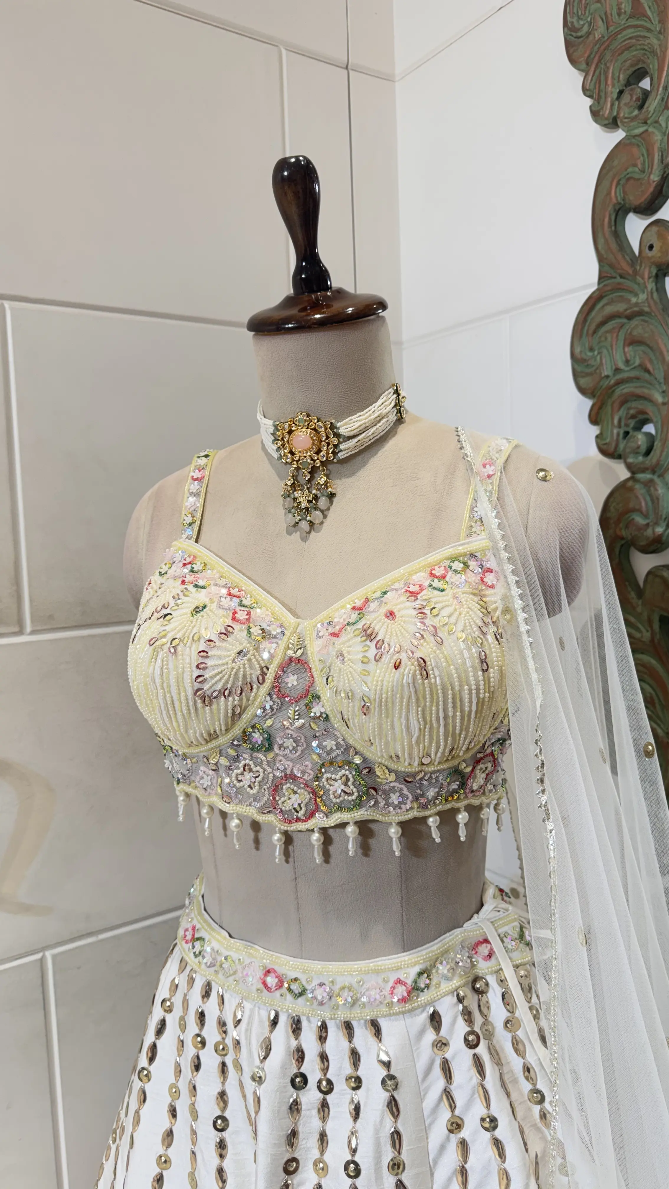 White lehenga with floral embroidery - Image 2