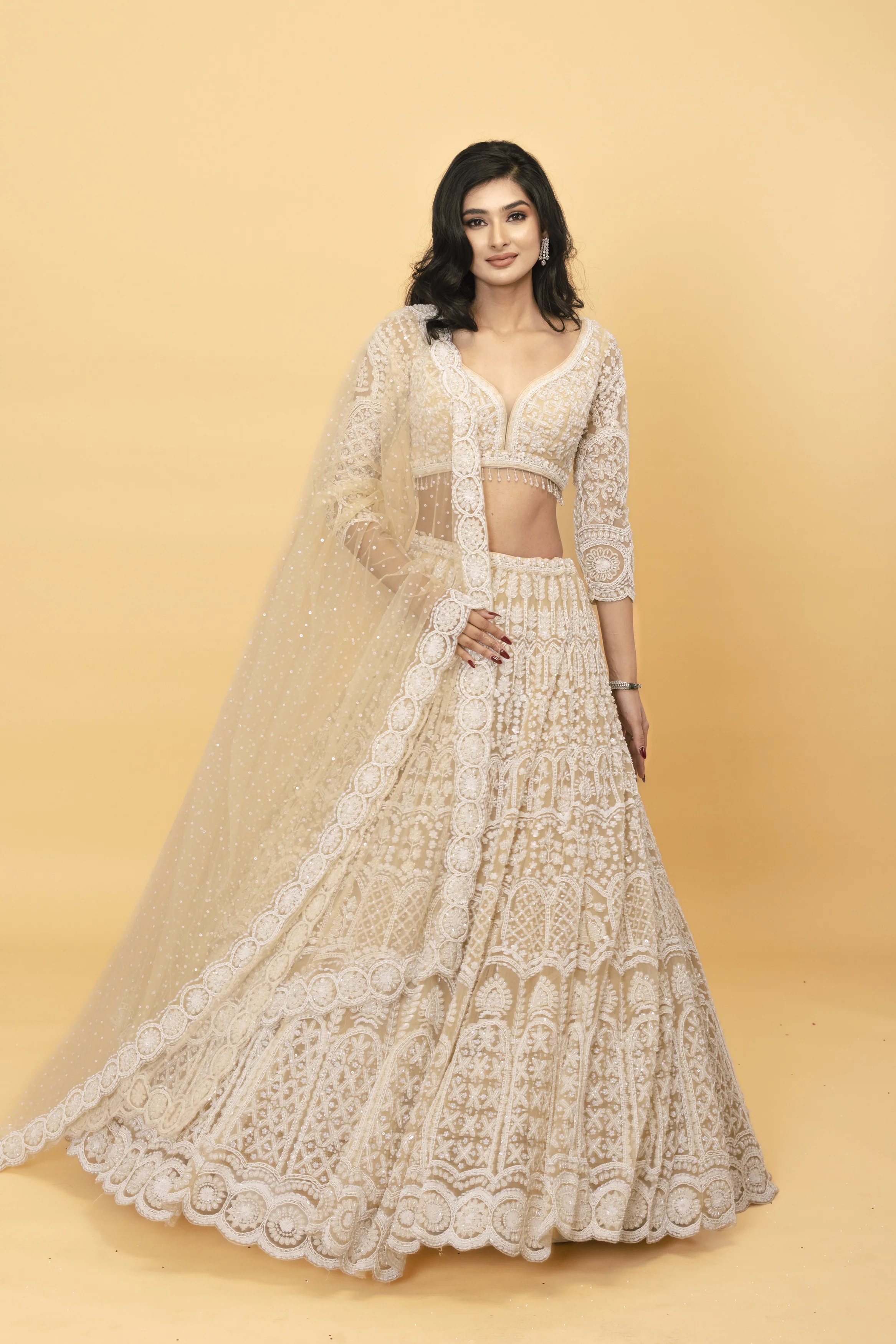 Beige net lehenga with pearl embellishments - Image 4