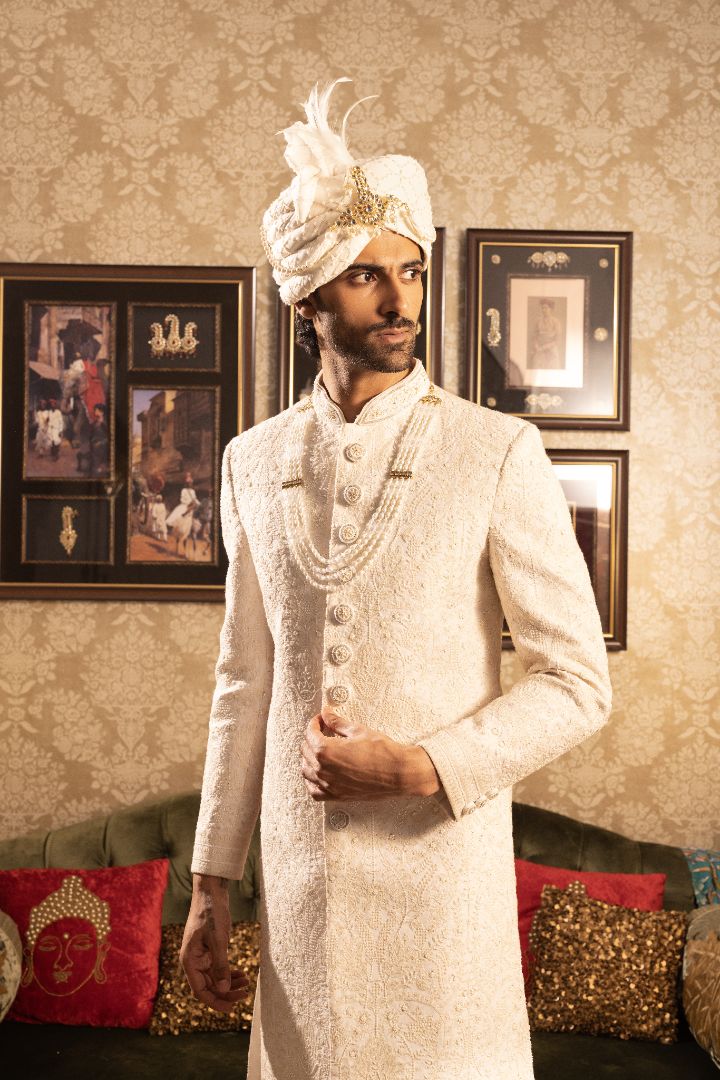 ivory Sherwani with hand embroidery - Image 3