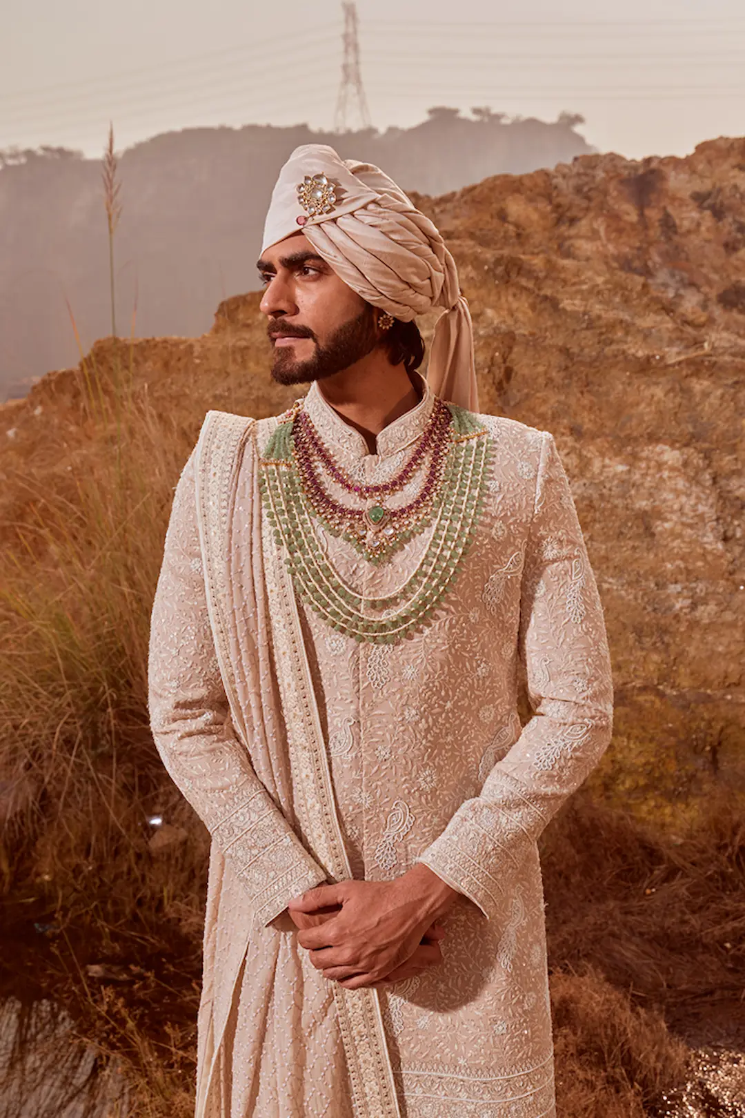 Beige Sherwani with pearl and thread work - Image 3