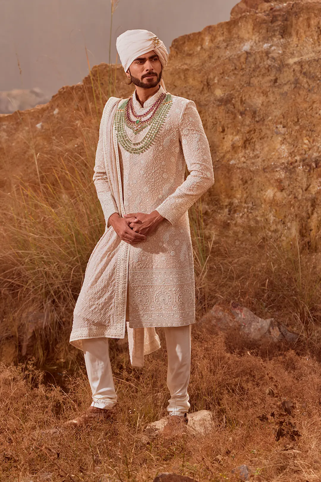 Beige Sherwani with pearl and thread work - Image 4