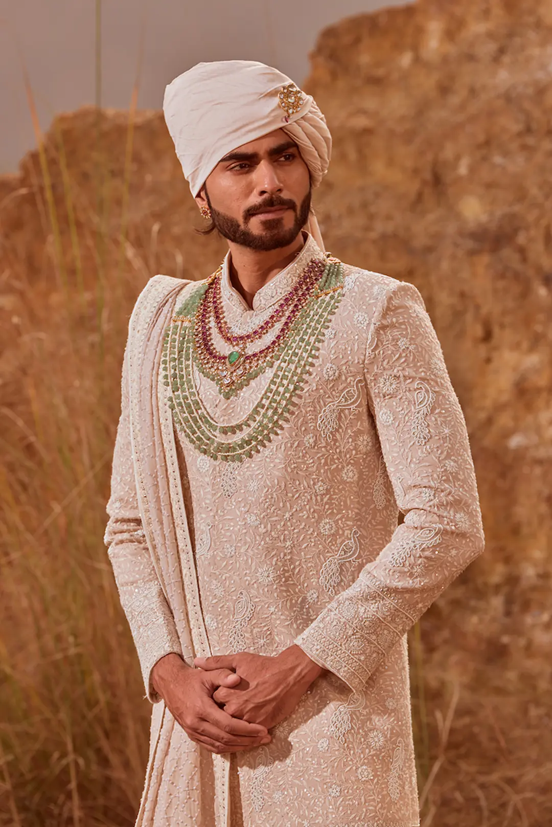 Beige Sherwani with pearl and thread work - Image 5