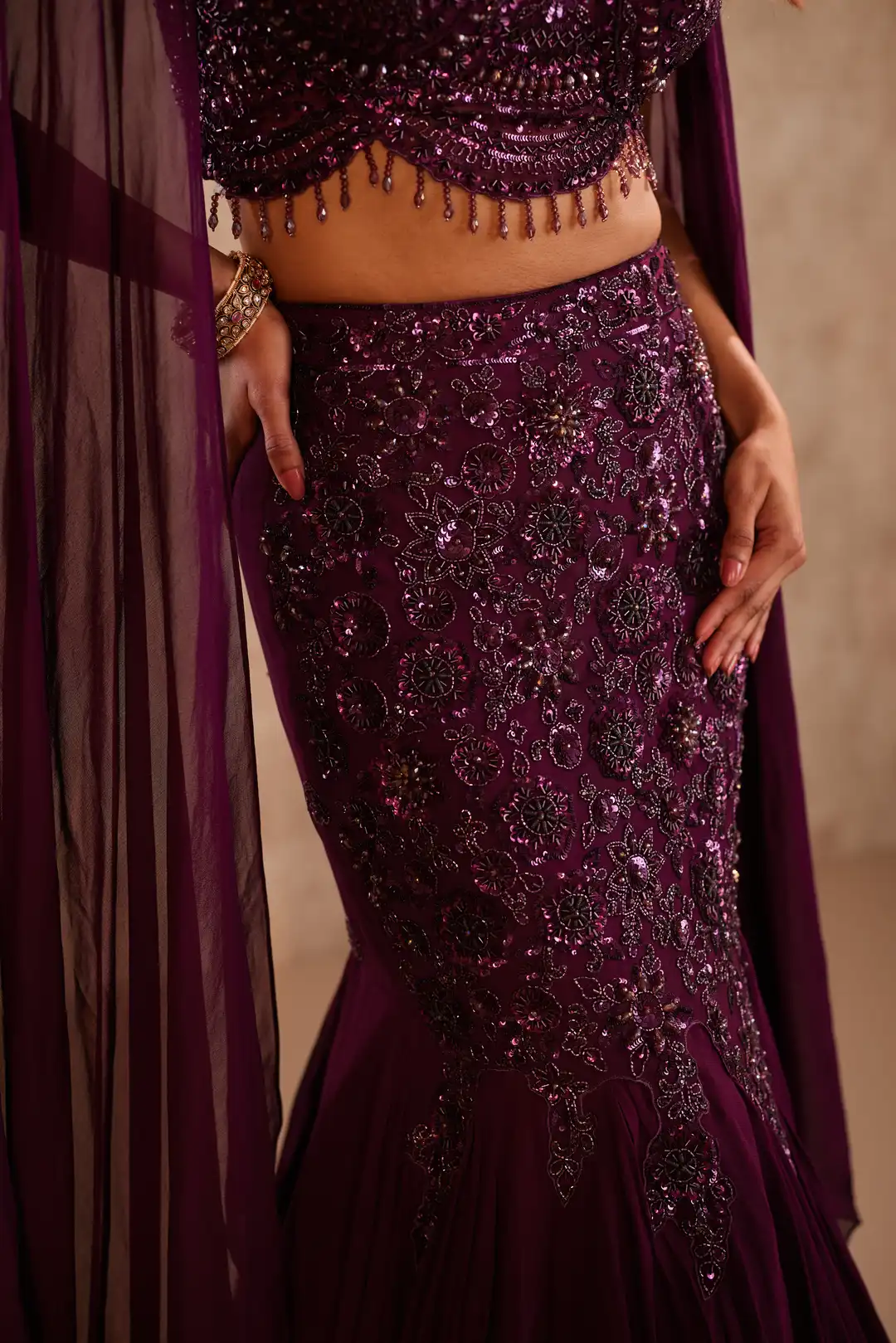 Wine cutdana embellished fishcut lehenga - Image 2