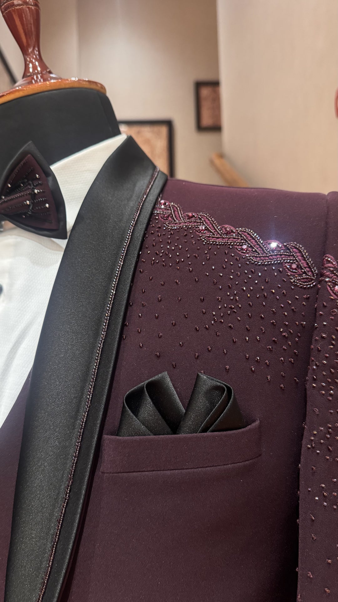 Wine Stone Embellished Tuxedo Set with Bow - Image 2