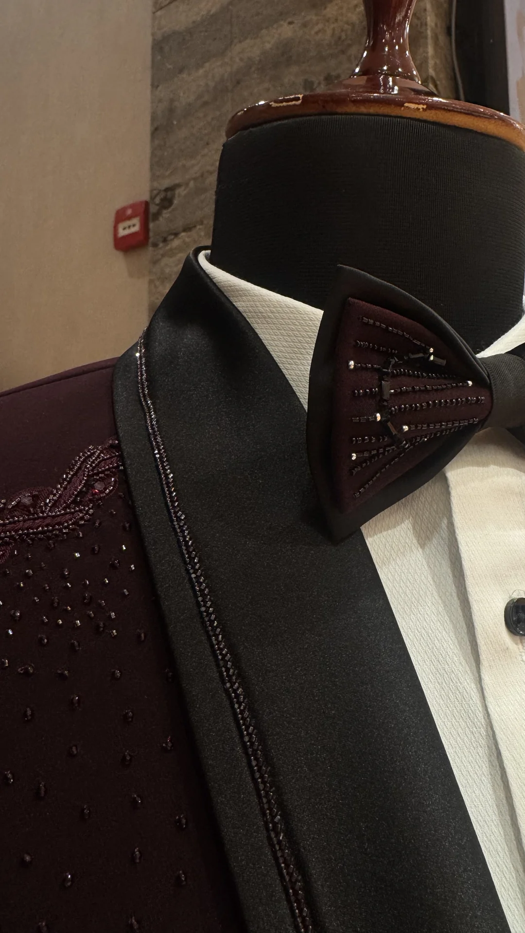 Wine Stone Embellished Tuxedo Set with Bow - Image 3