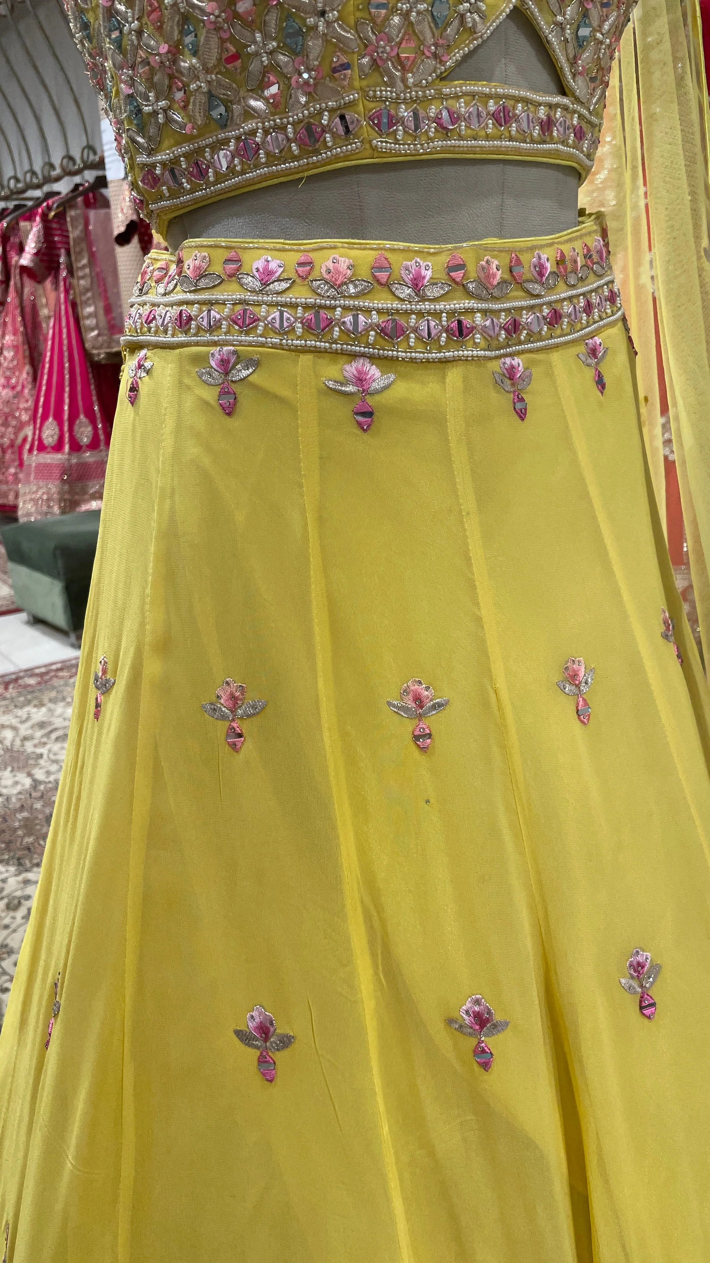 Yellow Georgette lehenga with floral motifs - Image 3