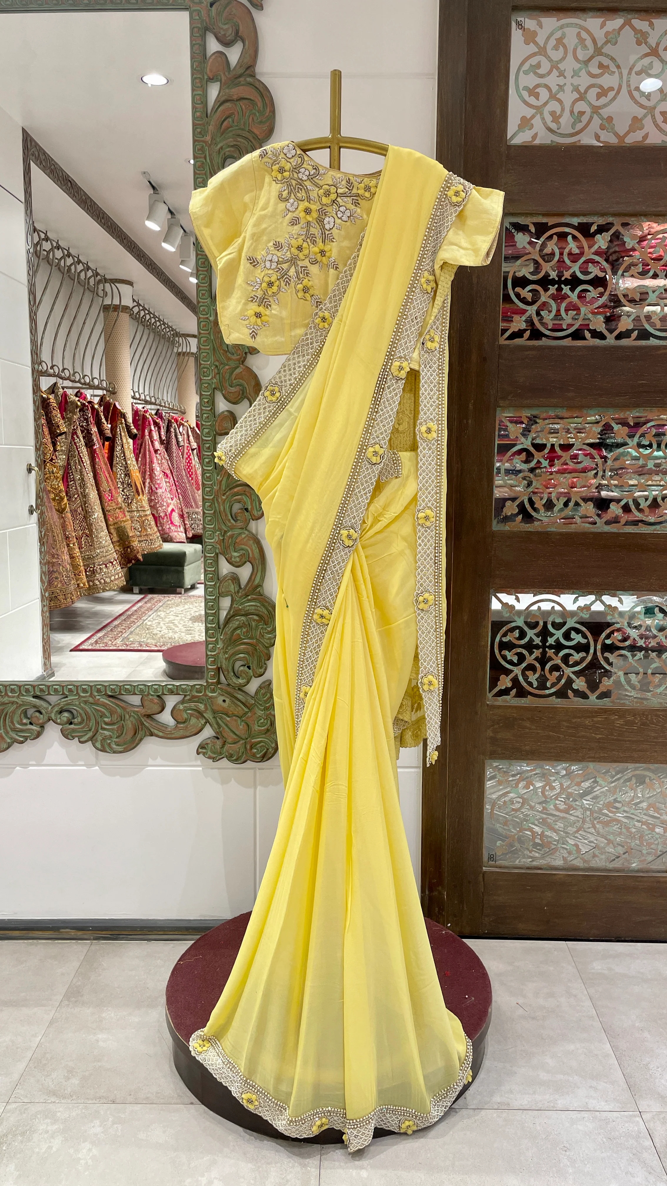 Light Yellow Saree with Embellished Border and Embroidered Blouse