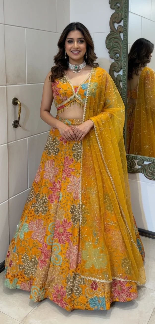 Yellow multi colour lehenga