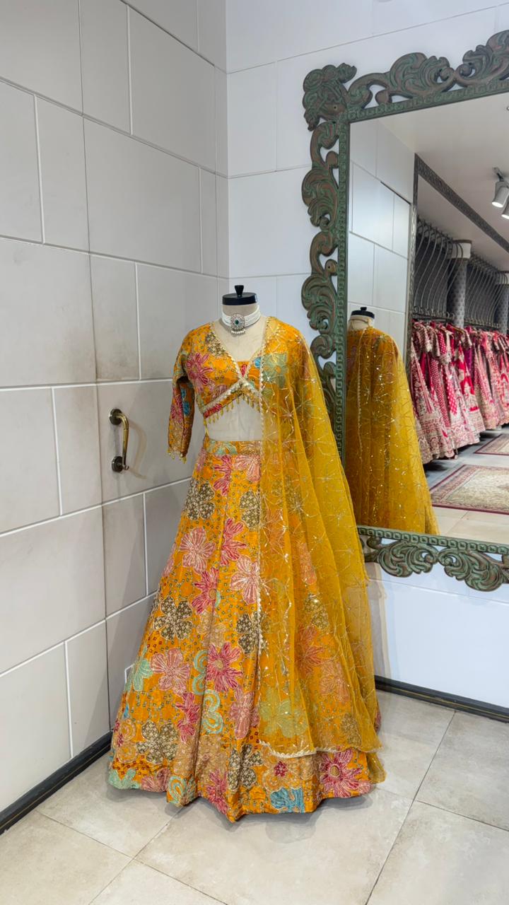 Yellow multi colour lehenga - Image 2