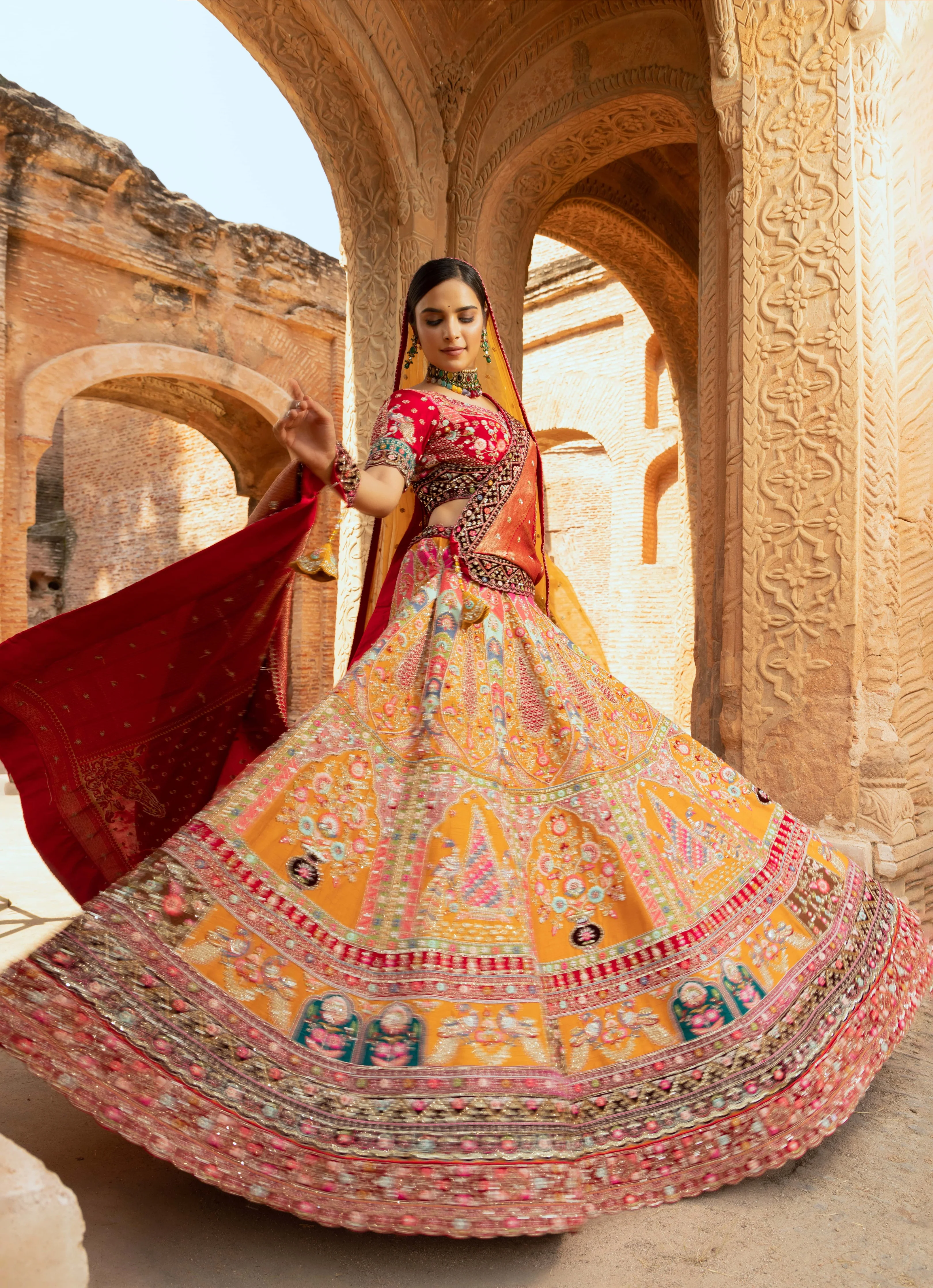 Yellow Multi-Coloured Zardozi Bridal Lehenga - Handcrafted Wedding Wear - Image 2