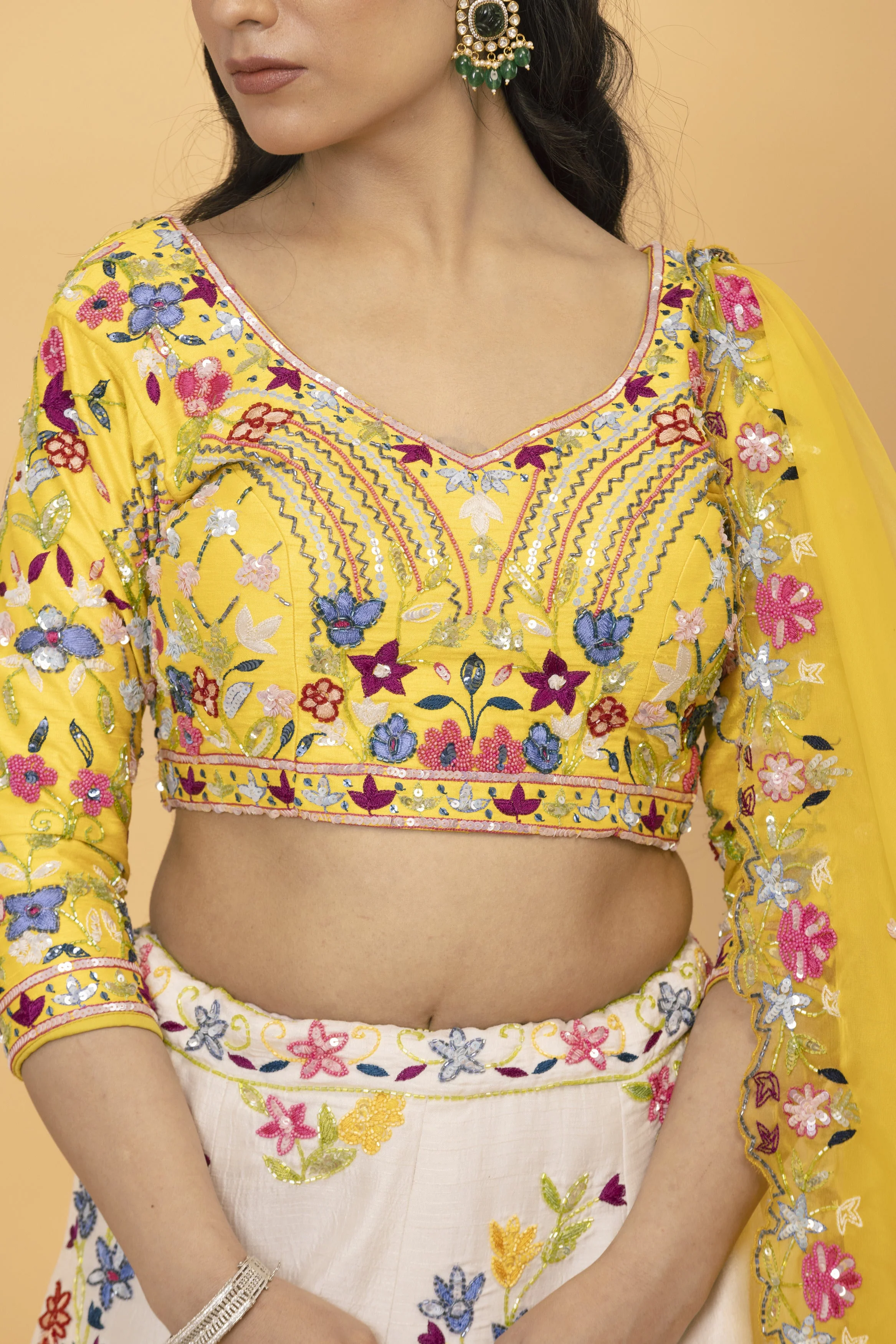 Yellow Net multicolor lehenga - Image 3